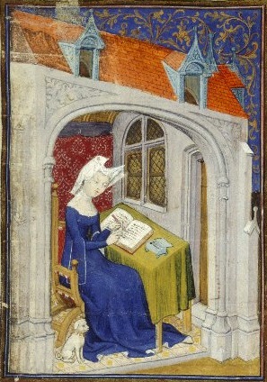 A lady (Christine de Pisan) writing in her chamber.
