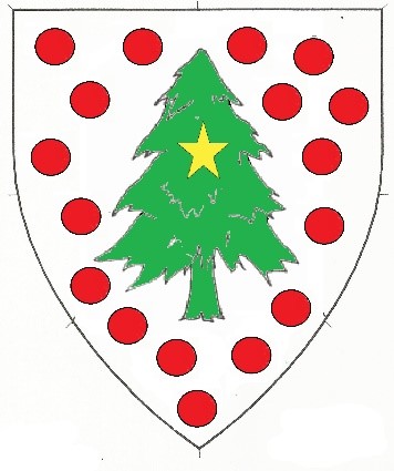 Argent semy of roundels gules, a pine tree vert charged with a mullet Or