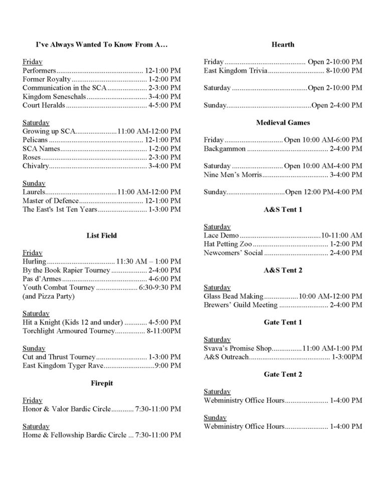 Town Center Schedule at East Kingdom 50th East Kingdom Gazette