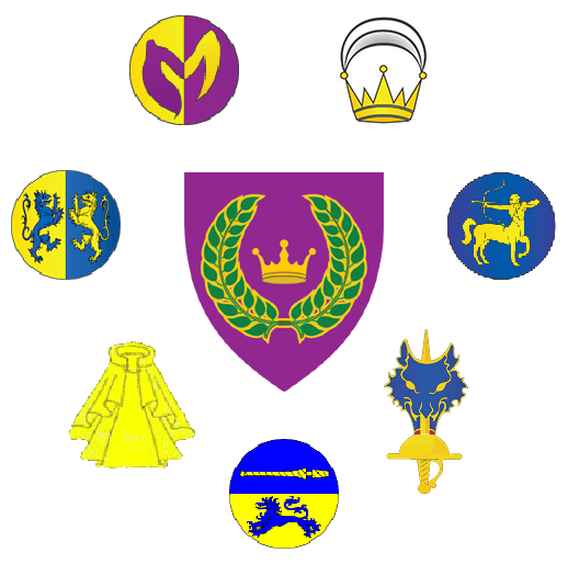 Arms of the East Kingdom encircled by the badges of the Orders of High Merit