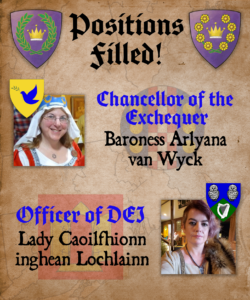 Position Filled announcement for Kingdom Exchequer and Kingdom DEI Officer, with photos of the new officers